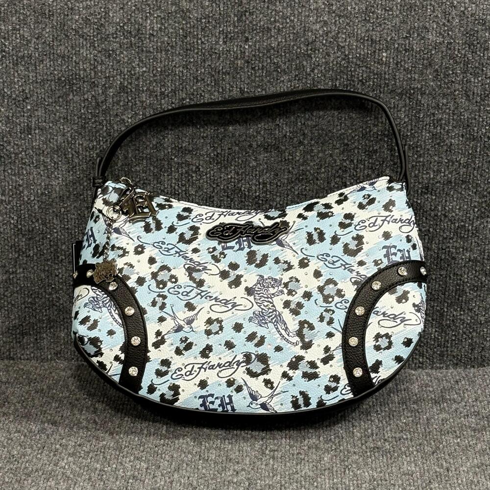 Ed Hardy Crossbody Bag Womens Medium Blue Leopard Tattoo Rhinestone Studs